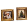Two framed artworks on a white background, one featuring Santa Claus and the other a Christmas tree with presents.