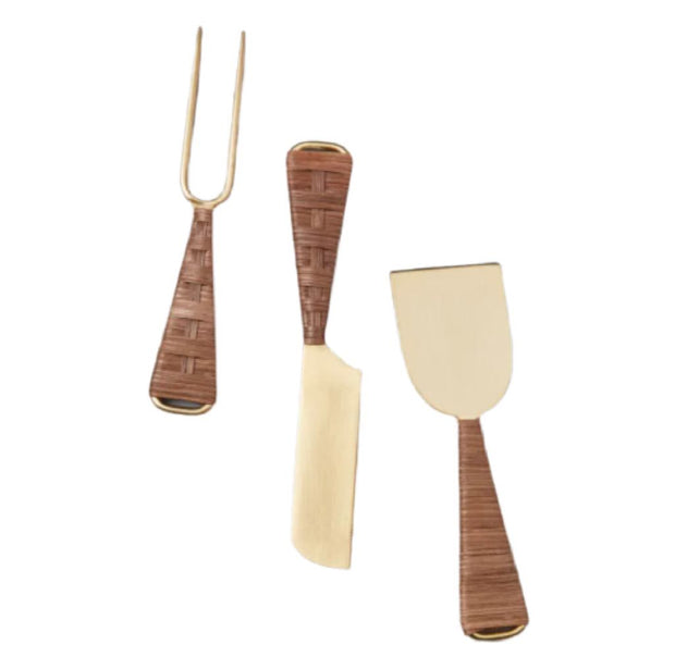 Gold and Rattan Cheese Utensils, Set of Three