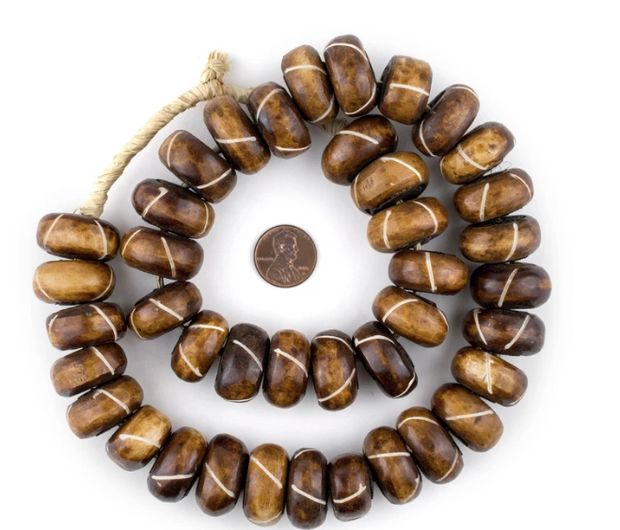 Criss Cross Carved Brown Bone Beads