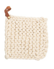 Crocheted Pot Holder with Leather Loop, Three Colors