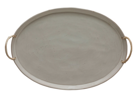 Stoneware Platter with Rattan Handles