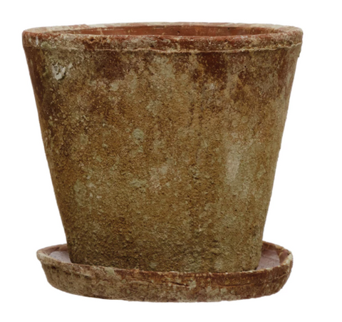 Distressed Cement Pot with Tray, Two Sizes
