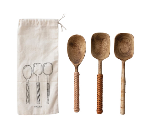 Mango Wood Spoons with Bamboo and Leather Wrapped Handles, Set of 3 in Printed Drawstring Bag