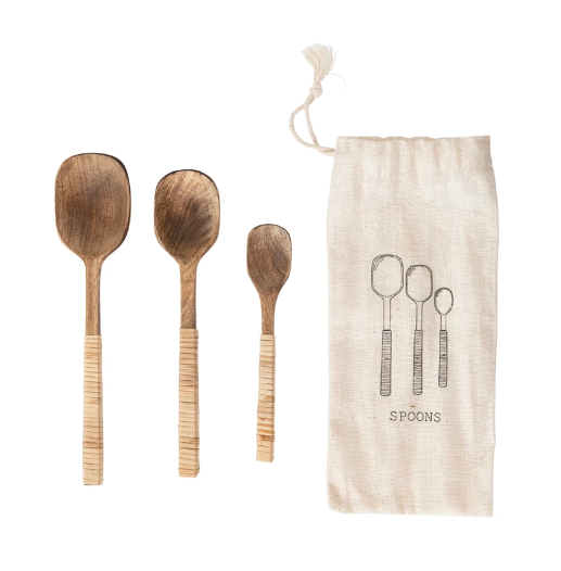 Wood Spoons with Bamboo and Leather Wrapped Handles, Set of 3 in Printed Drawstring Bag