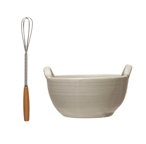 Stoneware Bowl, Wood and Metal Whisk