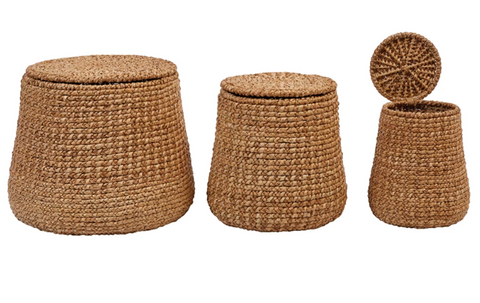 Woven Baskets with Lids, Three Sizes