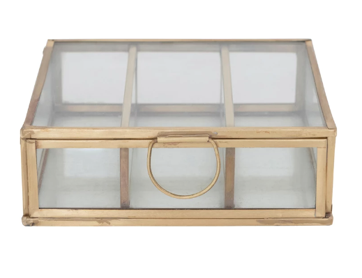 Metal and Glass Box with 3 Compartments, Brass Finish