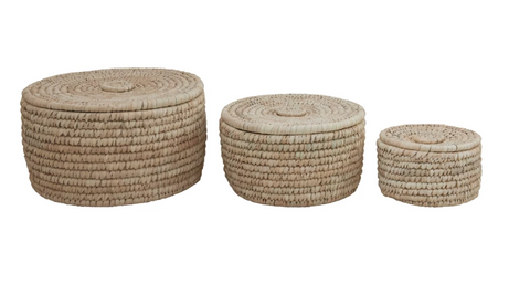 Hand-Woven Baskets with Lids, Set of 3